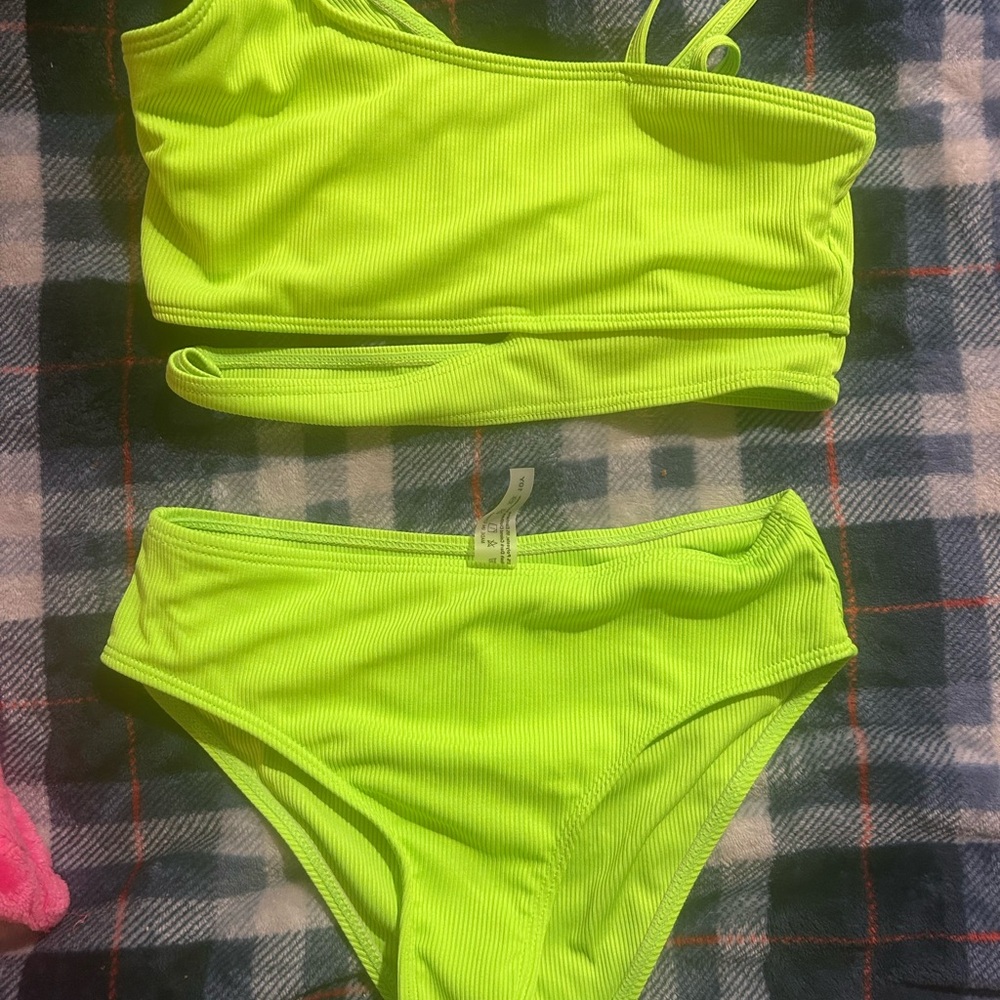 SHEIN Neon Yellow Ribbed Girls Bikini Set